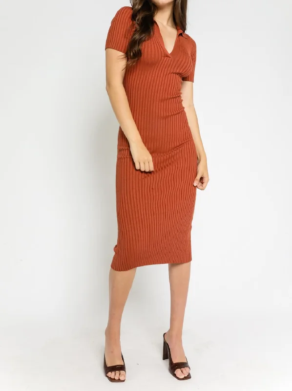 Stylish And Comfortable Clothing For Women Knit Collared Short Sleeve Ribbed Dress In Light Brown