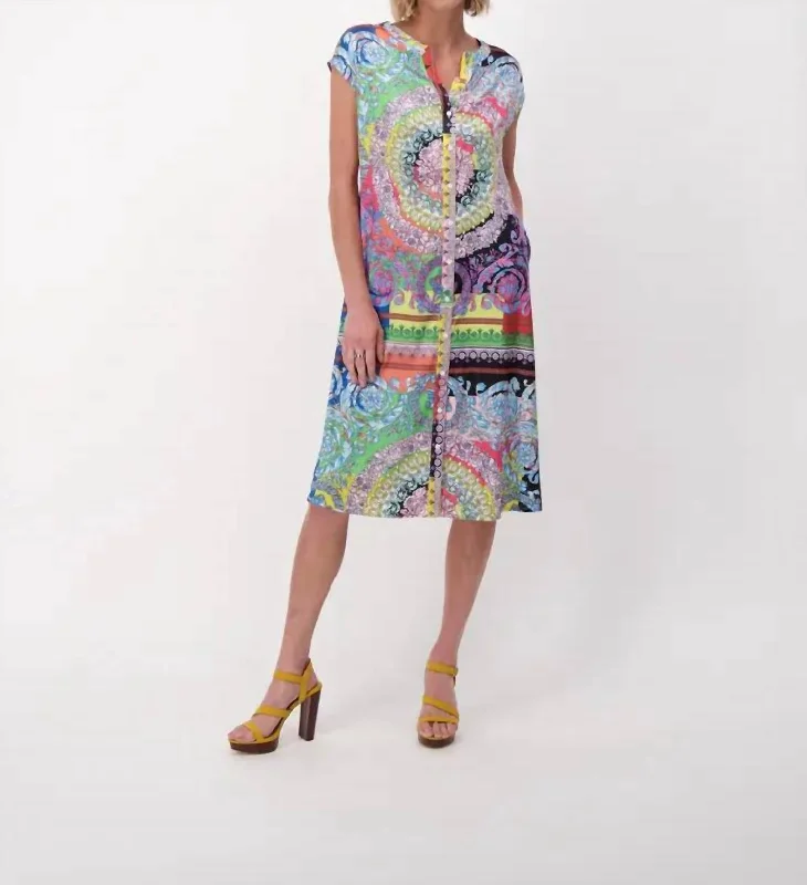 Trendy Women's Fashion Paisley Art Print Dress In Multi Blue