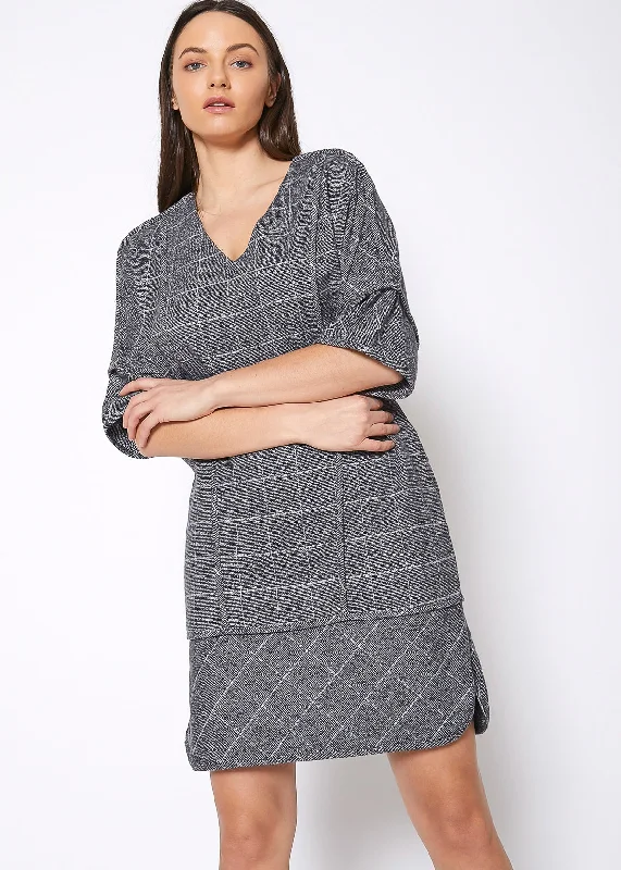 Women's Professional Outfit V-Neck Brushed Cotton Check Dress In Grey Plaid
