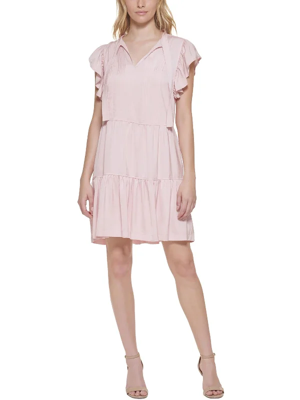 Comfortable Casual Women's Clothing Womens Ruffled Pintuck Fit & Flare Dress