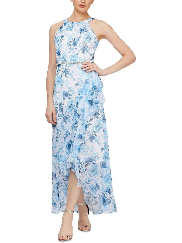 Women's Contemporary Clothing Petites Womens Chiffon Maxi Halter Fit & Flare Dress