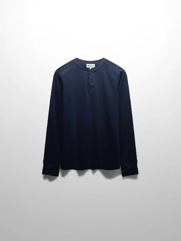 Bold Prints Casual Chic Trim Detail Henley-Navy