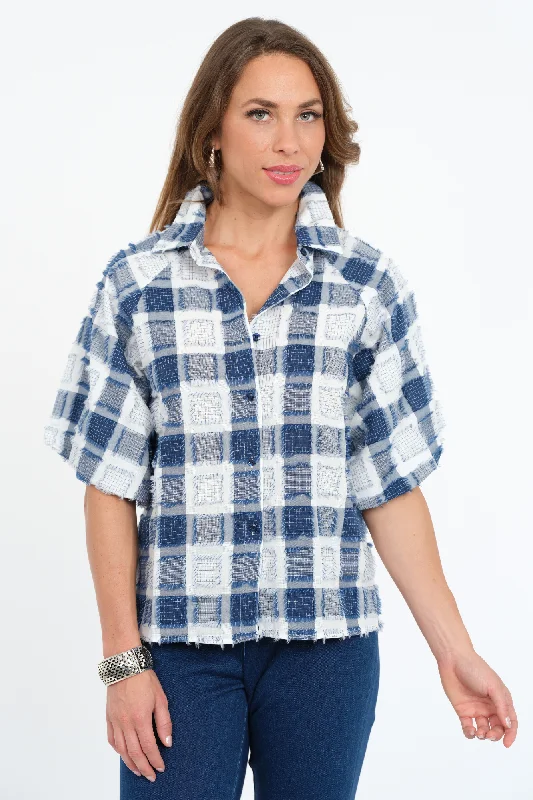 Timeless Elegance Women's Plaid Top Short Puff Sleeves With Fringe Details - "Halo"