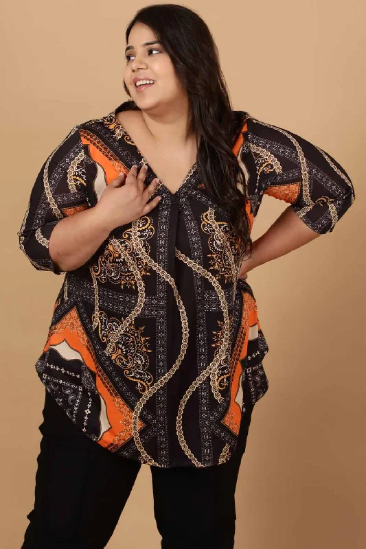 Fashion Deal Plus Size Black Baroque Printed Centre Pleat Top