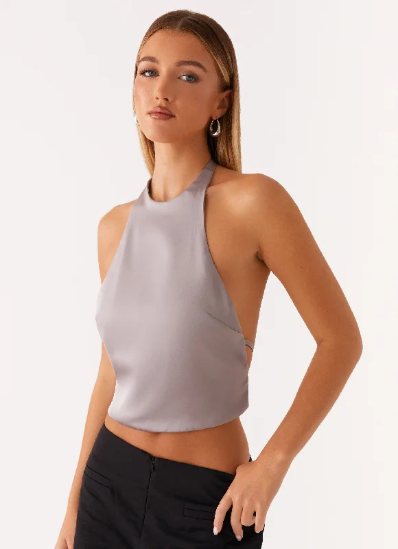 Online Boutiques Affordable Bree Satin Halterneck Top - Grey