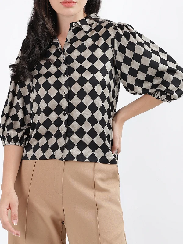 VIP Member Discount Centre Stage Women Checked Collar 3/4th Sleeves Top