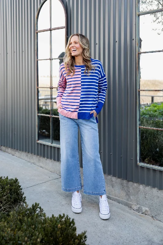 Bold Prints Casual Chic Elm Louise Spliced Knit Deep Blue/Pink Blush