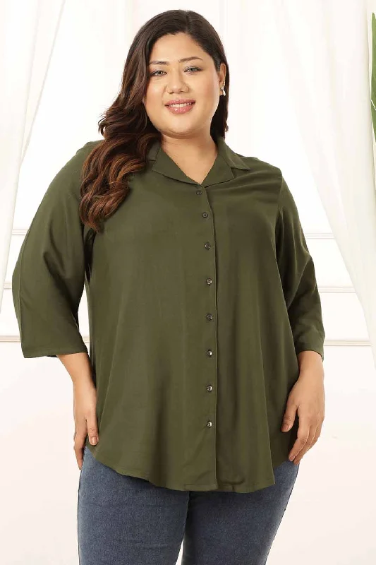 Luxury Fashion Plus Size Olive Cuban Collar Rayon Twill Shirt