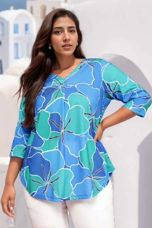 Exclusive Online Sale Plus Size Blue Green Abstract Centre Pleat Top
