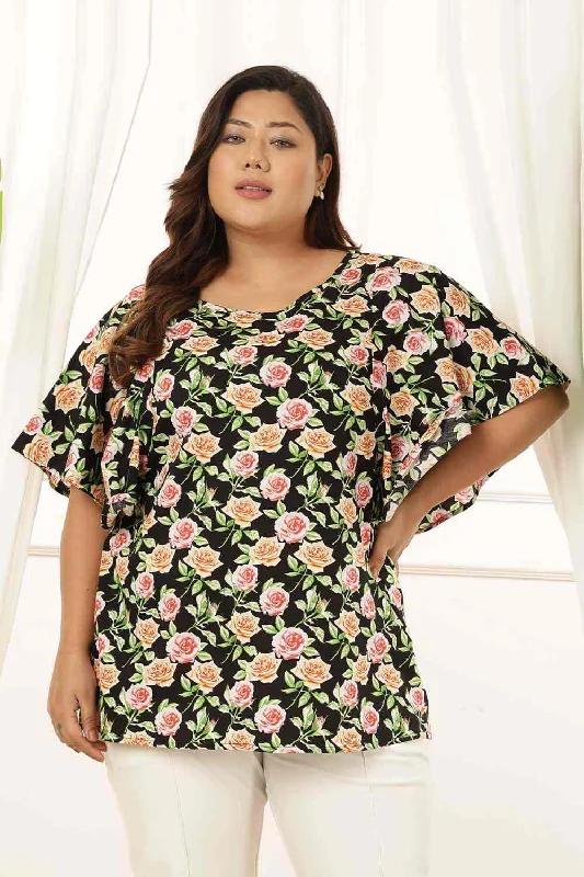 Bold Prints Casual Chic Plus Size Black Floral Flare Cotton Top