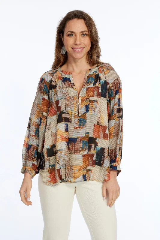Sophisticated Style Women's Brown Abstract Print Long Balloon Sleeve Pull Over-"Indie"