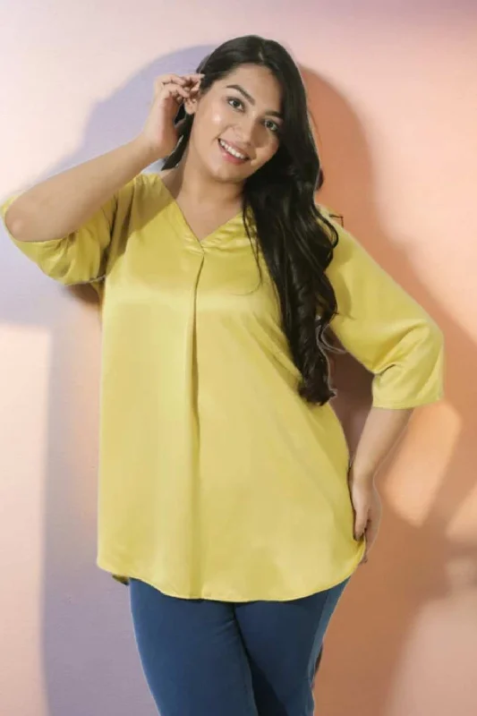 Online Boutiques Affordable Plus Size Yellow Satin Centre Pleat Top