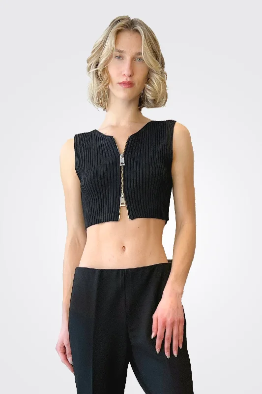 Boutique Dress Online Cropped Ribbed Zip Top - Black