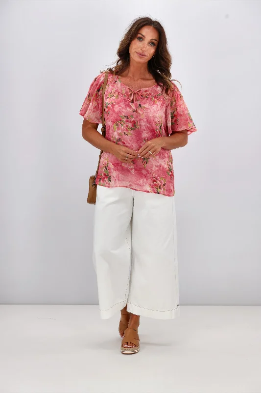 Wardrobe Essentials Gloss by Shine On Hilda Yoke Tie Top Pink Watercolour Floral