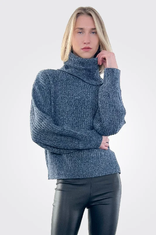 Chic Outfits Puff Sleeve Turtleneck - Navy