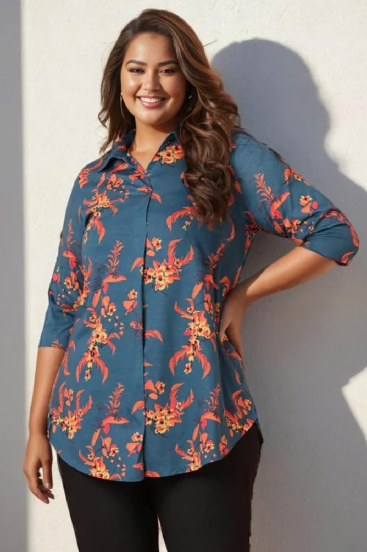 Comfort Centric Apparel Teal Red Floral Centre Pleat Top