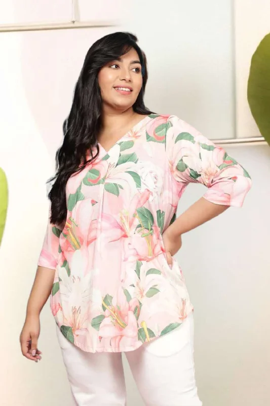 Chic Style Plus Size Light Pink Floral Centre Pleat Top