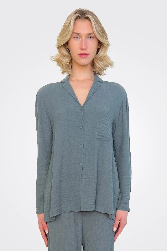 Laid-Back Elegance Embossed Viscose Shirt w/ Pocket - Blue
