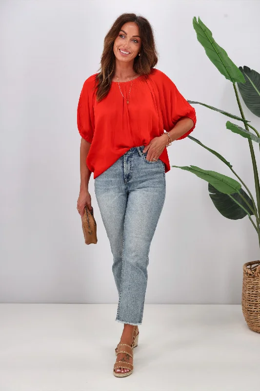 Laid-Back Elegance Gloss by Shine On Eve Satin Gathered Top Tomato