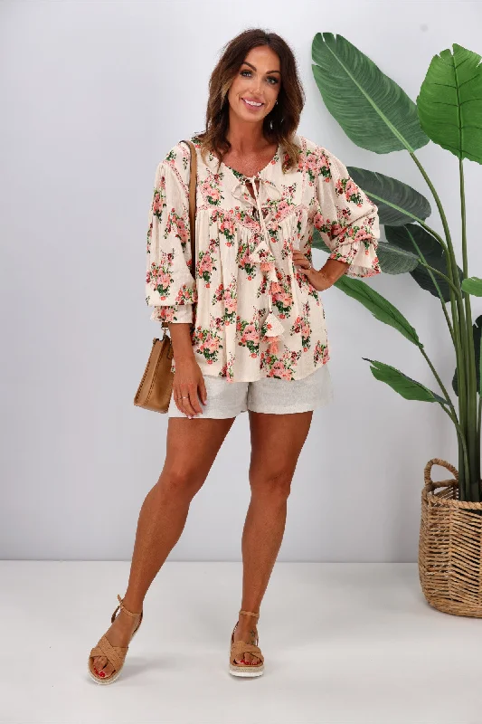 Relaxed Style Joop & Gypsy Marseille Ditsy Garden Party Top Latte
