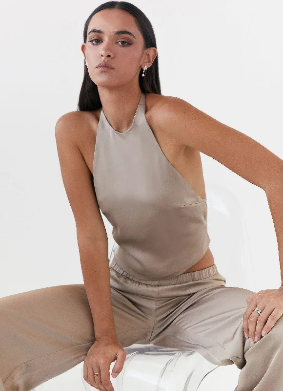 Business Casual Outfits Bree Satin Halterneck Top - Mushroom