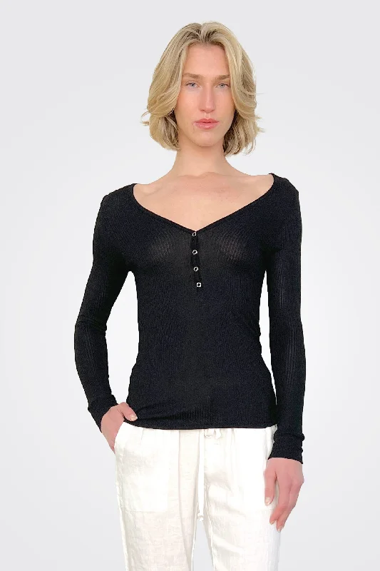 Graceful Fashion Rib Knit Henley - Black