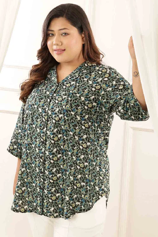 Women's Online Clothing Boutique Plus Size Olive Floral Cuban Collar Shirt