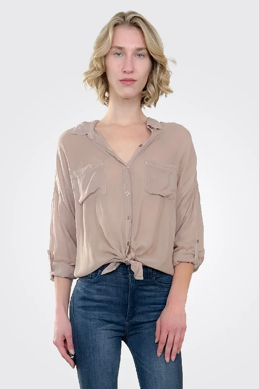Chic & Cozy Apparel Cargo Pocket Tie Front Top - Khaki