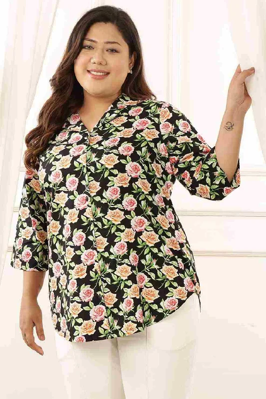 Fashion Forward Plus Size Black Floral Cuban Collar Cotton Shirt