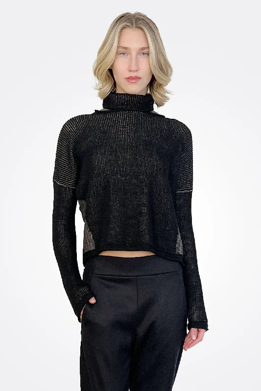 Sporty Streetwear Two Tone Ribbed Turtleneck - Black