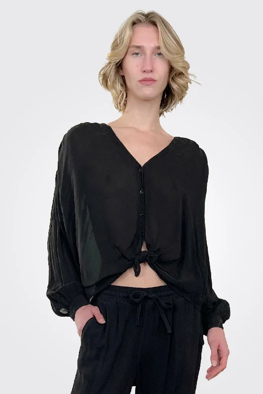 Fashion Essentials V Neck Tie Front Top - Black