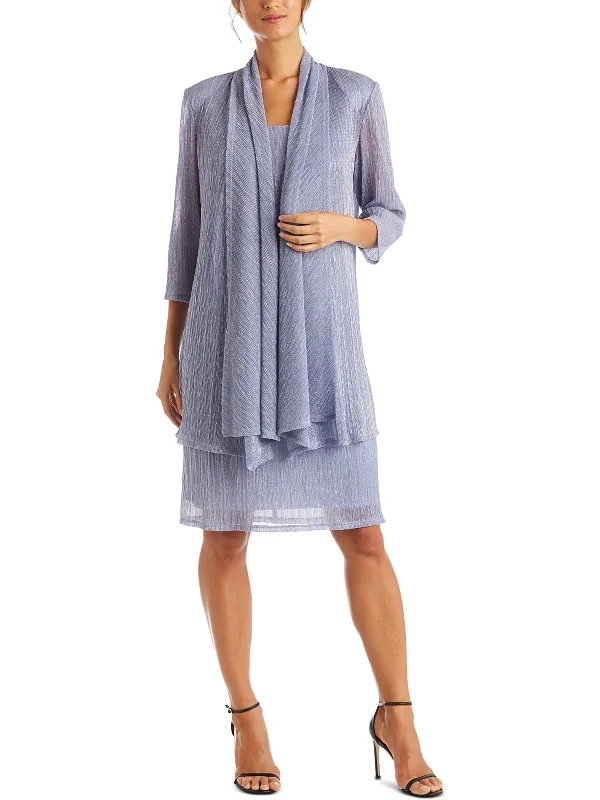 Luxury Women's Clothing Petites Womens Crinkled Metallic Dress With Jacket