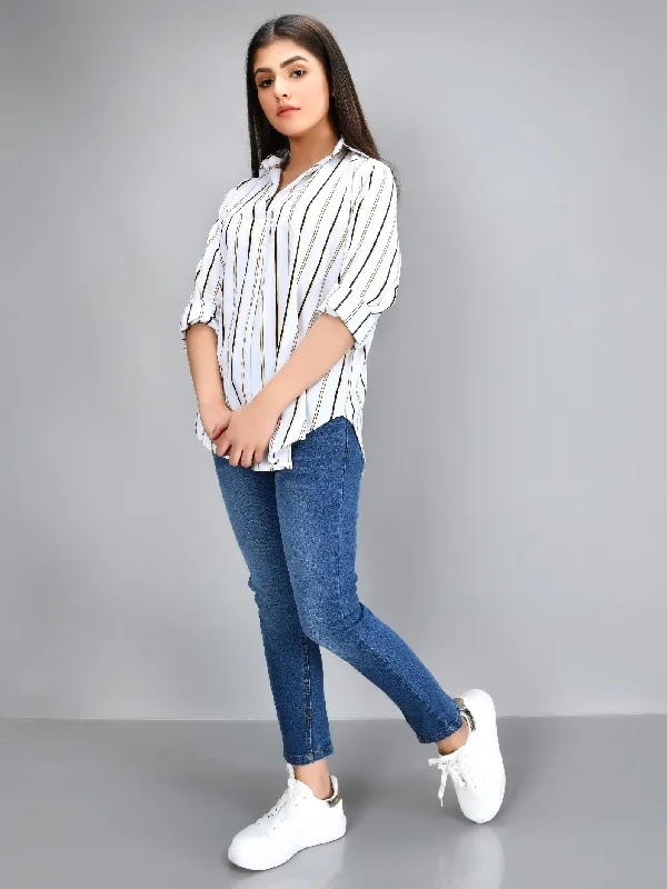 Day To Night Styles Striped Grip Shirt - White