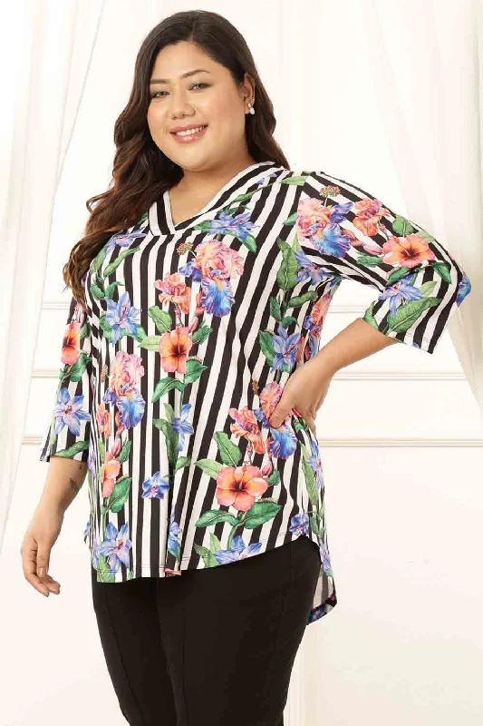 Online Boutique Clothing Plus Size Black Floral Stripes Top