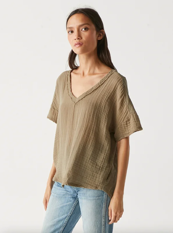 Luxe Women's Fashion Gretna Fabric MIxed Top - Olive