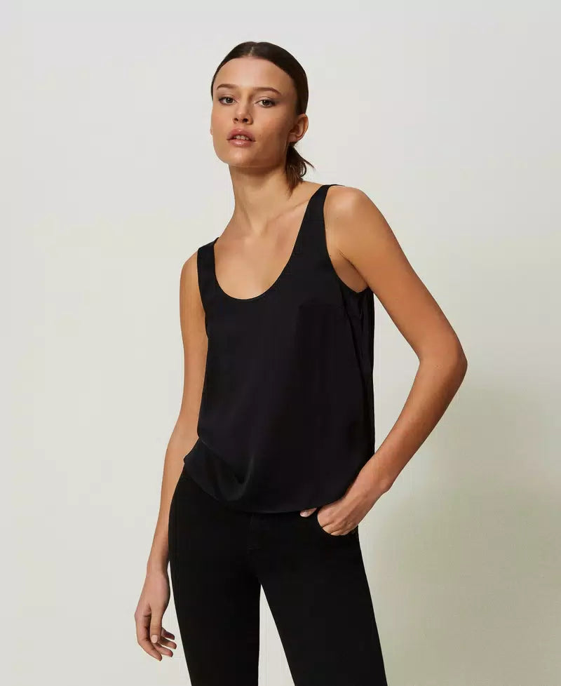 Relaxed Fashion Satin Wide Strap Top - Black