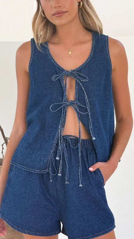 Relaxed Style Cady Tie Top & Shorts Set - Dark Denim