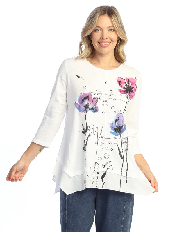 Luxe Women's Fashion "Postcard" Mineral Washed Cotton Top w/ Linen Handkerchief Hem - M126-2097