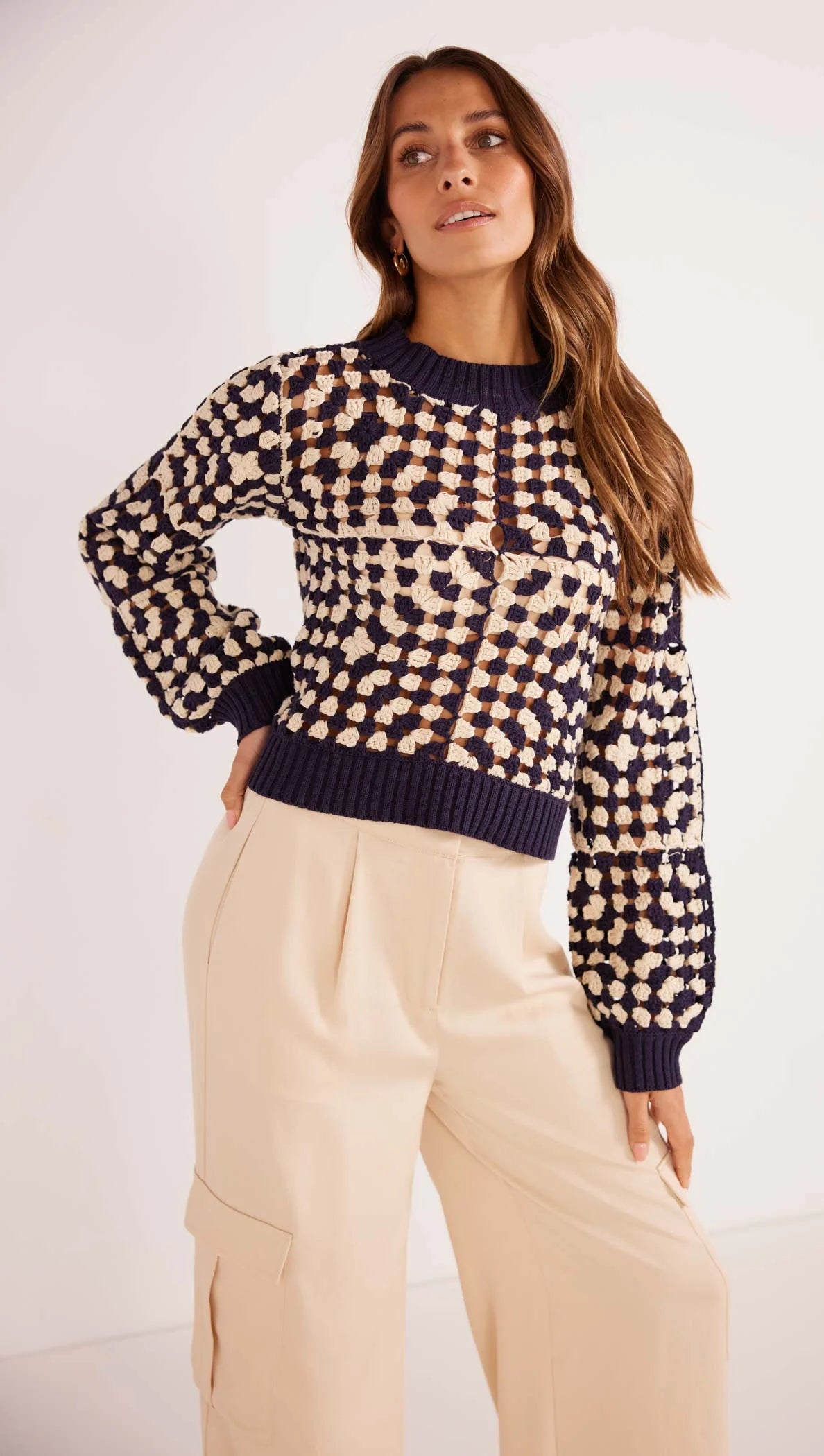 Wardrobe Essentials Meyer Crochet Knit Jumper - Navy Multi