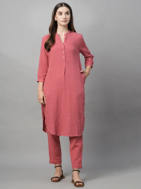 Stylish Savings Women's Pink Cotton Regular Fit Kurta