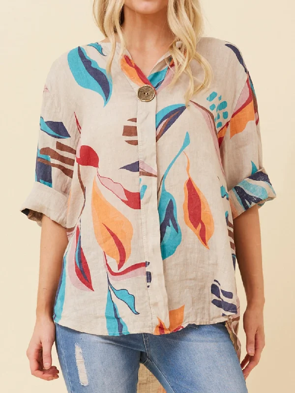 Latest Fashion BOTTEGA MODA 3/4 ROLL UP SLEEVE PRINTED LINEN TOP