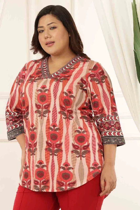 Fashion Sale Plus Size Red Floral Motif Top