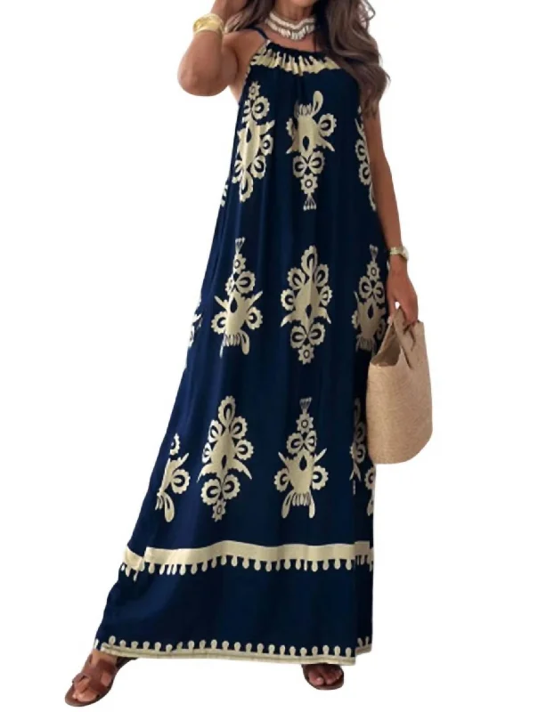 Online Impressions Boutique Tina Abstract Patterned Maxi Dress In Navy