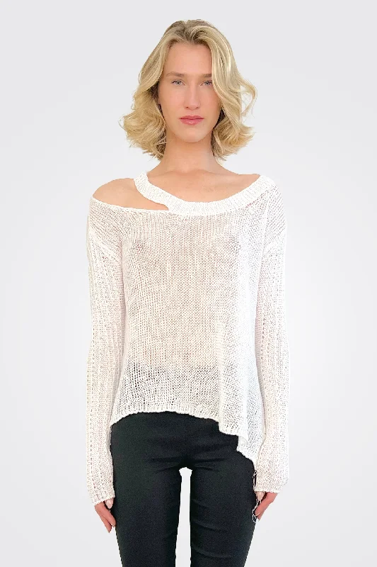 Trend Alert Open Collar Knitted Top - White