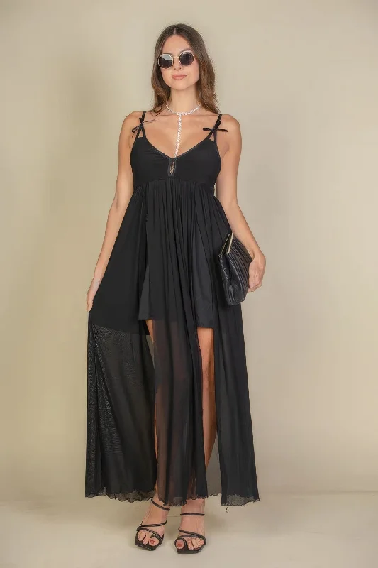Fashionable Women's Clothes Plunge Neck Split Thigh Mesh Maxi Dress