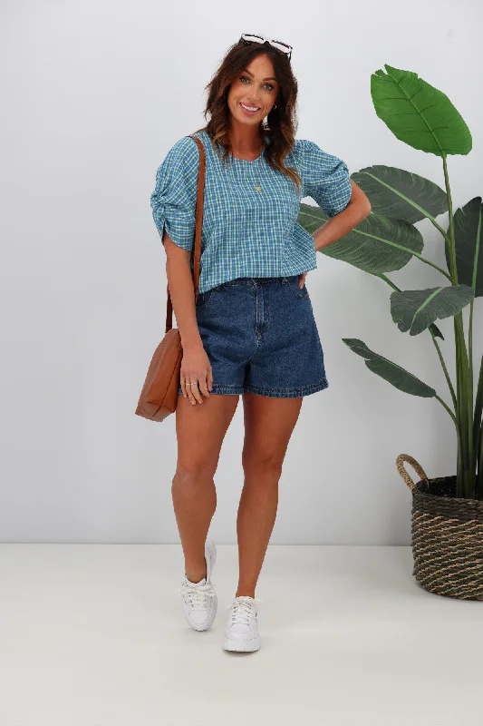 Trend Alert Shine On Label Johanna Twist Sleeve Checked Top Blue