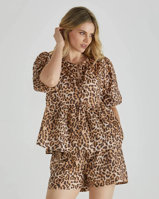 Sophisticated Outfits Sass Sylvie Peplum Tie Top Leopard