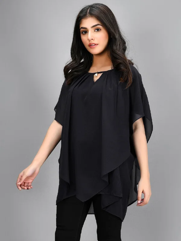 Chic And Comfortable Pleated Chiffon Top - Black