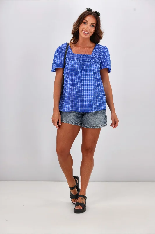 Chic Style Shine On Label Emmeline Square Neck Shirred Top Blue