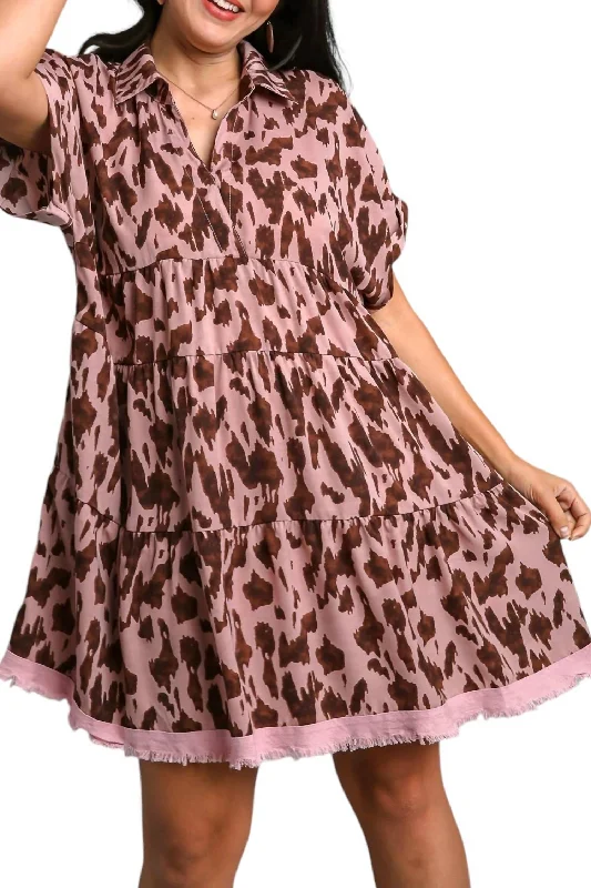 Hot Trends Animal Print Tiered Dress In Mauve